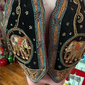 Vintage Embroidered Black Vest with Sequin Elephant Design
